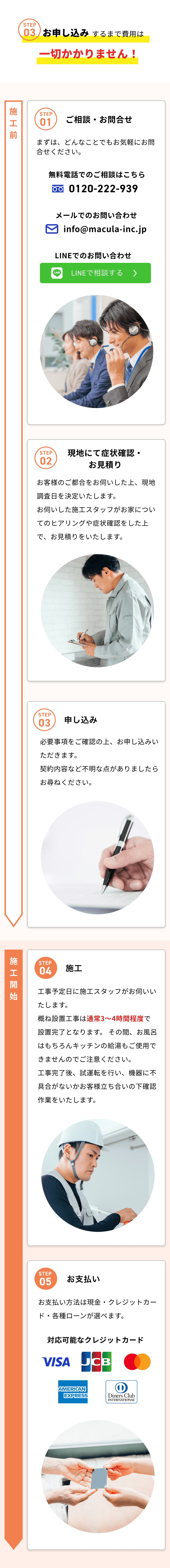 受付→お見積り→作業→完了